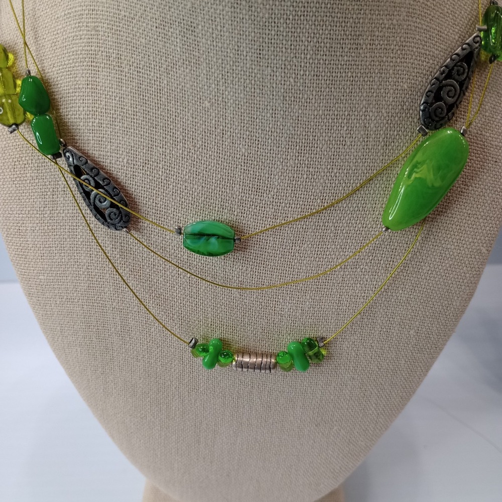 Chico's Long‎ Layered Necklace Green Beaded Multi-Strand Statement Jewelry